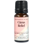 Nikura Citrus Relief essential oil bottle on a white background by White Cove UK