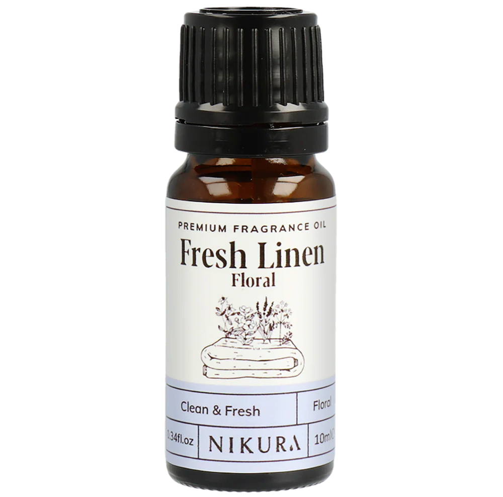 Nikura Fresh Linen floral fragrance oil bottle on a white background by White Cove UK