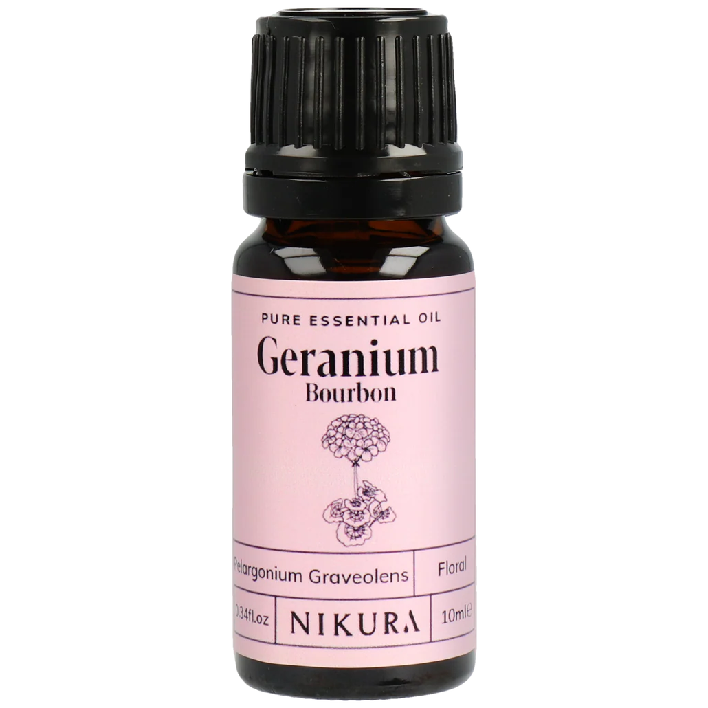 Nikura Geranium Bourbon essential oil bottle on a white background by White Cove UK