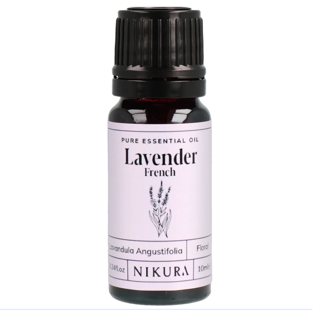 Nikura lavender essential oil bottle on a white background by White Cove UK