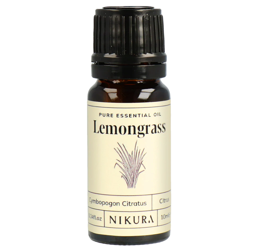 Bottle of Nikura Lemongrass essential oil on a white background by White Cove UK