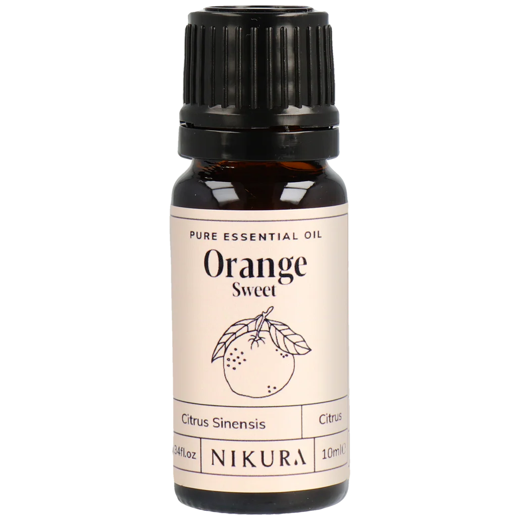 Nikura Orange Sweet essential oil bottle on a white background by White Cove UK