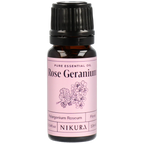 Nikura Rose Geranium essential oil bottle on a white background by White Cove UK