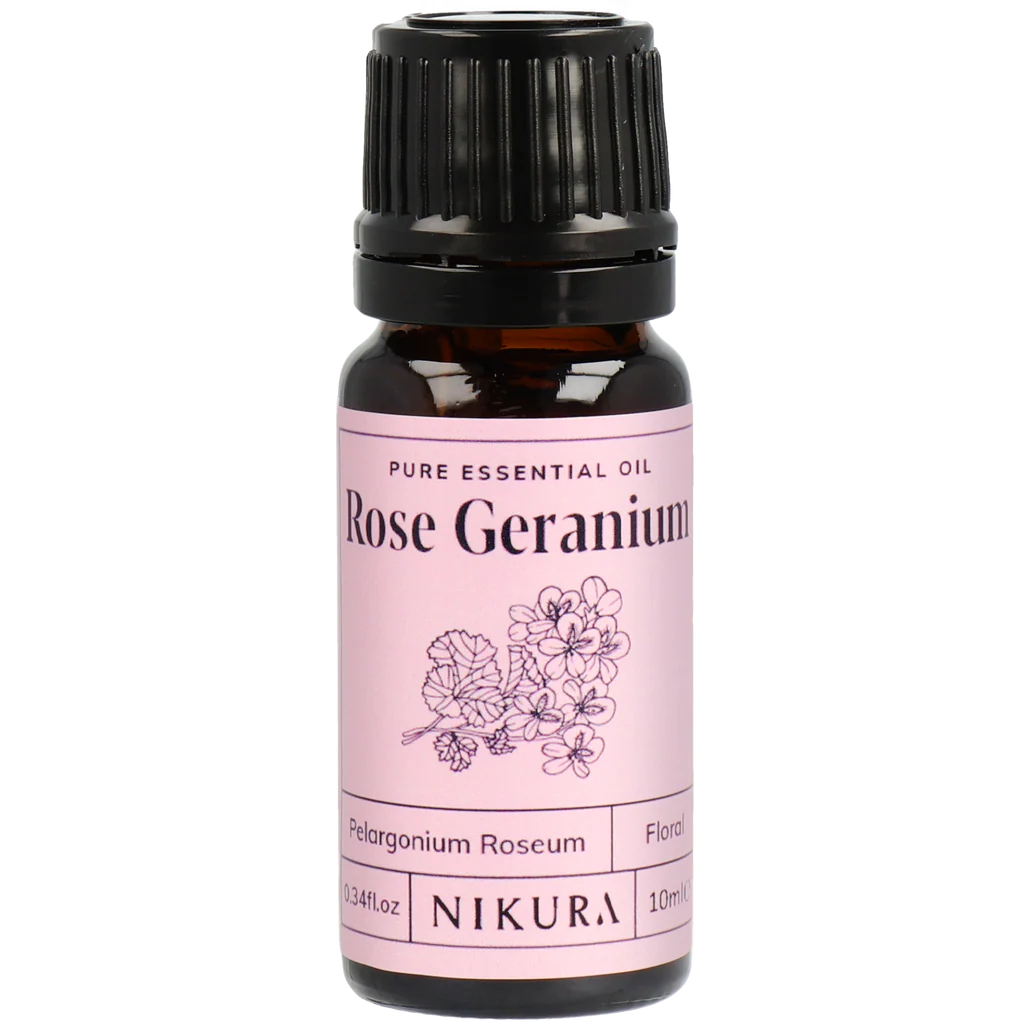 Nikura Rose Geranium essential oil bottle on a white background by White Cove UK
