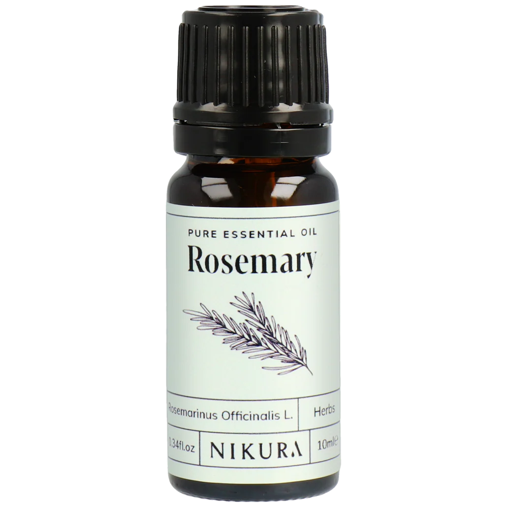Nikura Rosemary essential oil bottle on a white background by White Cove UK