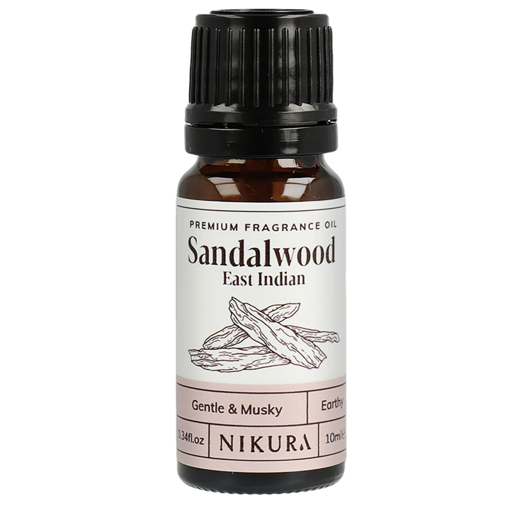 Sandalwood fragrance oil bottle with black cap and white label on a white background by White Cove UK