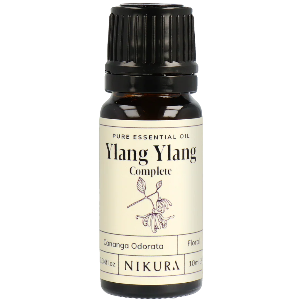 Nikura Ylang Ylang Complete essential oil bottle on a white background by White Cove UK