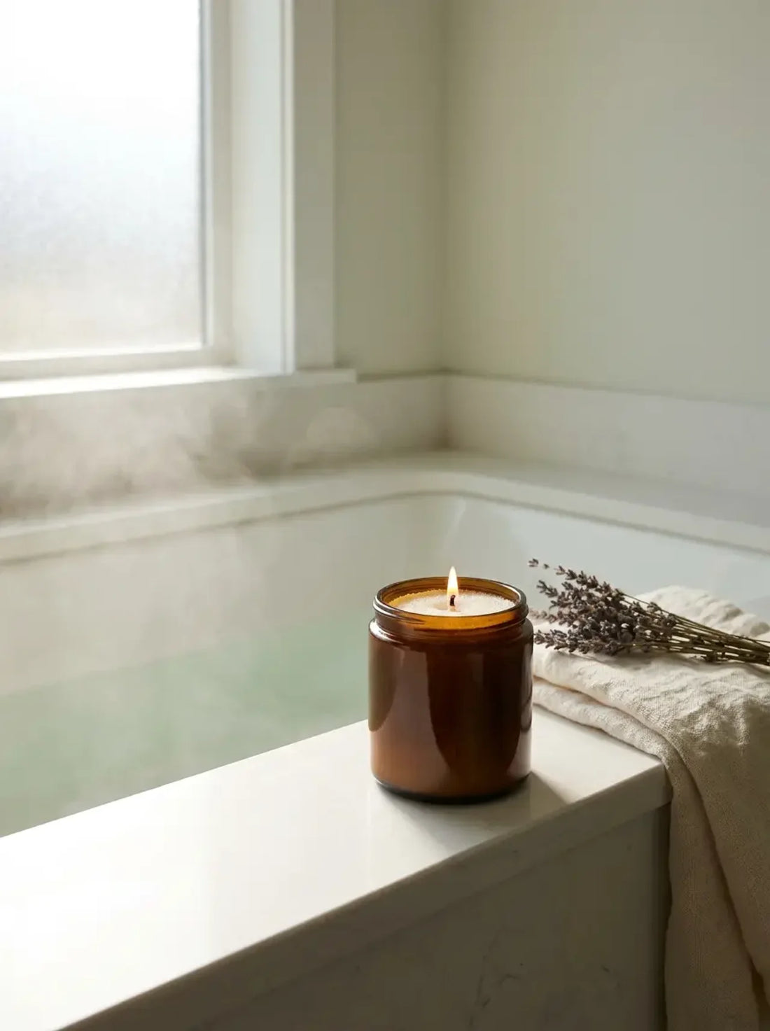 Amber glass jar candle made with White Cove candle sand burning on the edge of a bath beside lavender