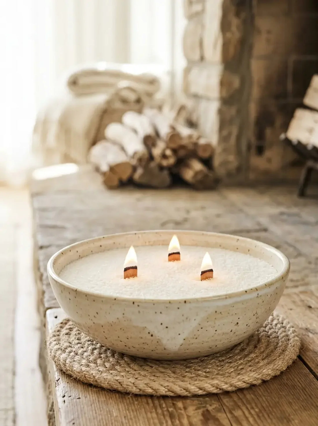 Speckled stoneware bowl filled with White Cove candle sand, three crackling wooden wicks lit beside a fireplace