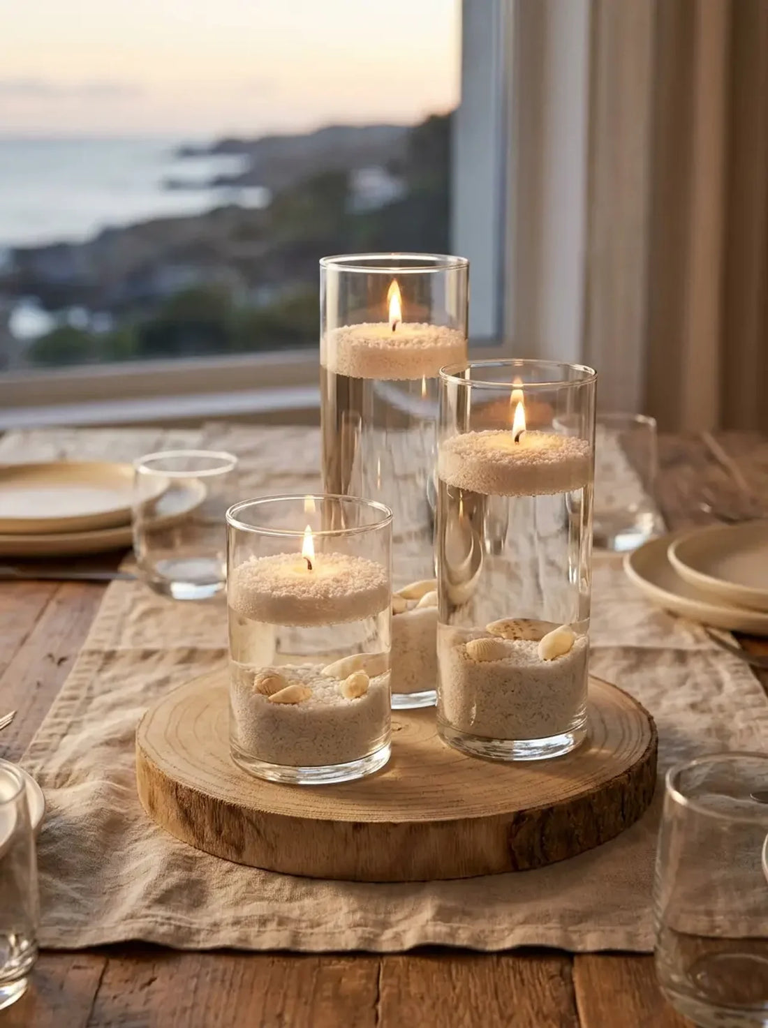 Floating candle centrepiece of glass cylinders with lit White Cove candle sand rafts on water, shells and sand at the base