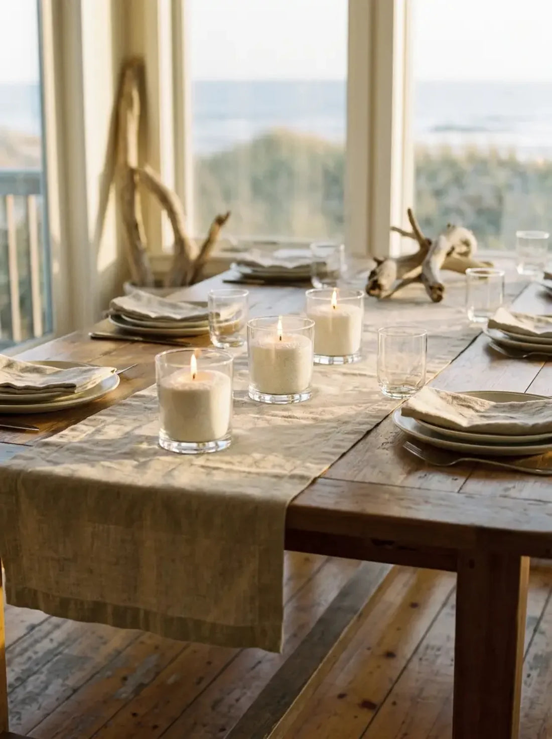 Dinner table by the sea set with small glass candles made from White Cove candle sand along a linen runner