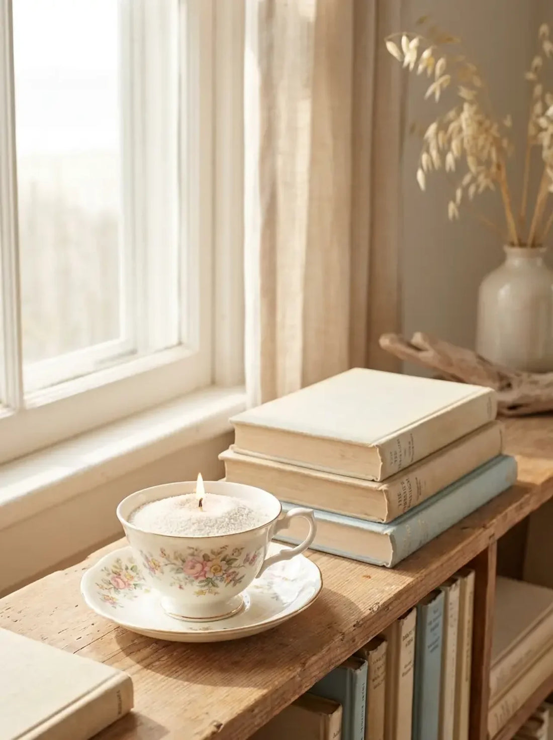 Vintage floral teacup refilled as a candle with White Cove candle sand, lit beside a stack of old books