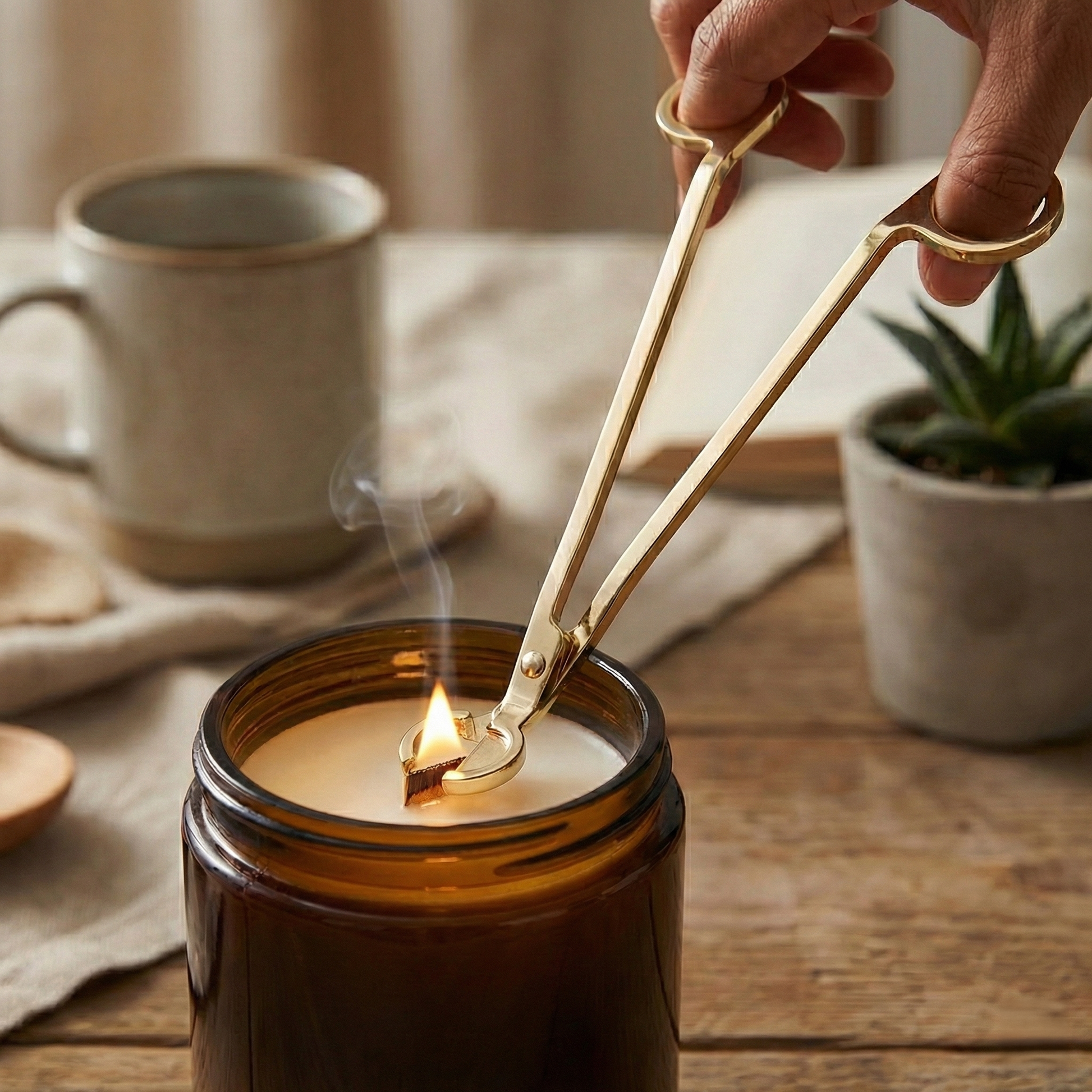 A luxury gold candle wick cutter and premium wooden wicks by White Cove UK. Styled with small dried botanicals in warm, natural light for a calm, minimal candle-making aesthetic