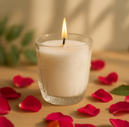 Romantic, low-waste home decor featuring a lit White Cove refillable candle. A pre-tabbed white cotton wick burns safely in a clear patterned glass filled with plant-based wax sand, styled for an intimate evening