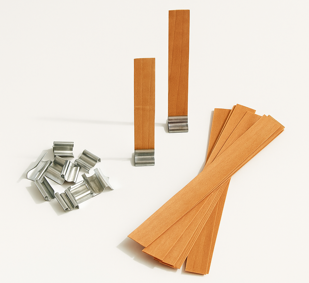 A White Cove premium wooden wick refill pack. The image shows flat wooden candle wicks, both standing in silver metal bases and lying flat, alongside a pile of loose metal clips on a white background