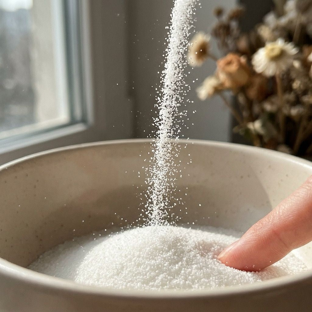 White beaded candle sand wax being poured into a beige ceramic bowl, with a finger touching the candle and dried flowers in the background.