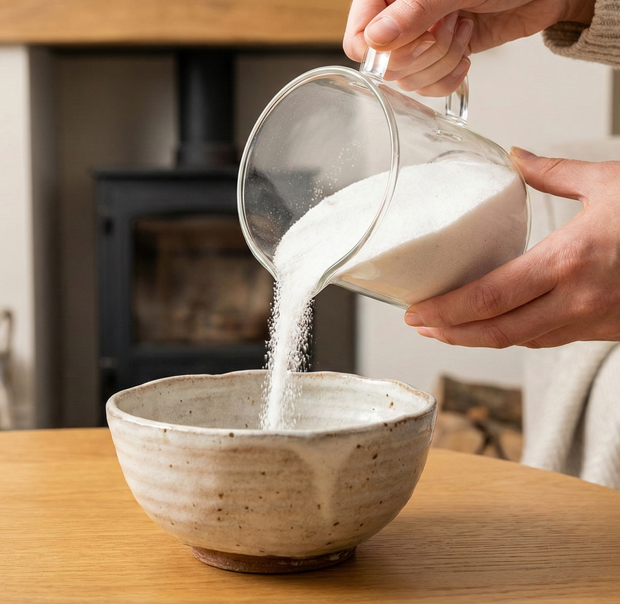 Person pouring White Cove vegetable-based pearled wax candle sand into a handmade ceramic bowl to create a sustainable, refillable candle