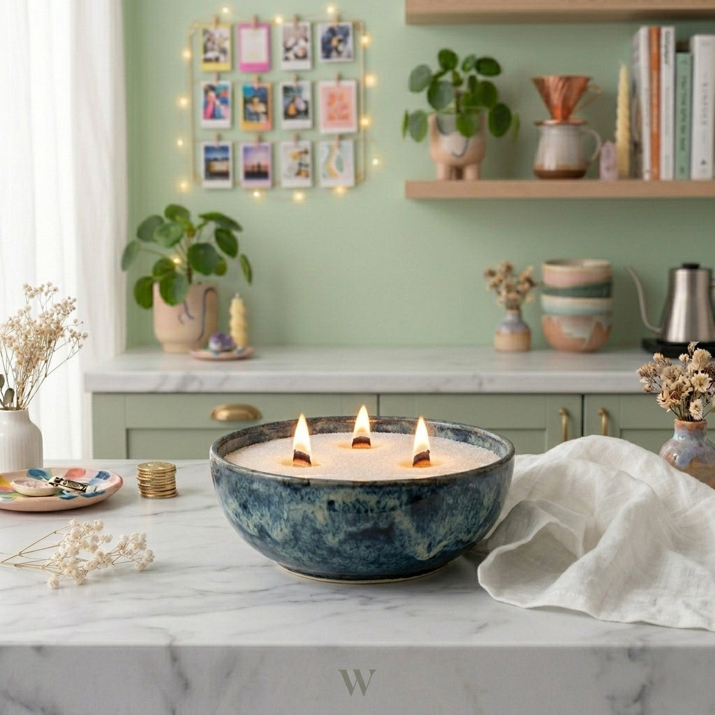 Aesthetic modern kitchen decor featuring White Cove UK plant-based candle sand. This lifestyle shot demonstrates how to reuse beautiful ceramic vessels to create a custom multi-wick candle, styled on a marble countertop alongside fresh botanicals and cozy, personalized room accessories