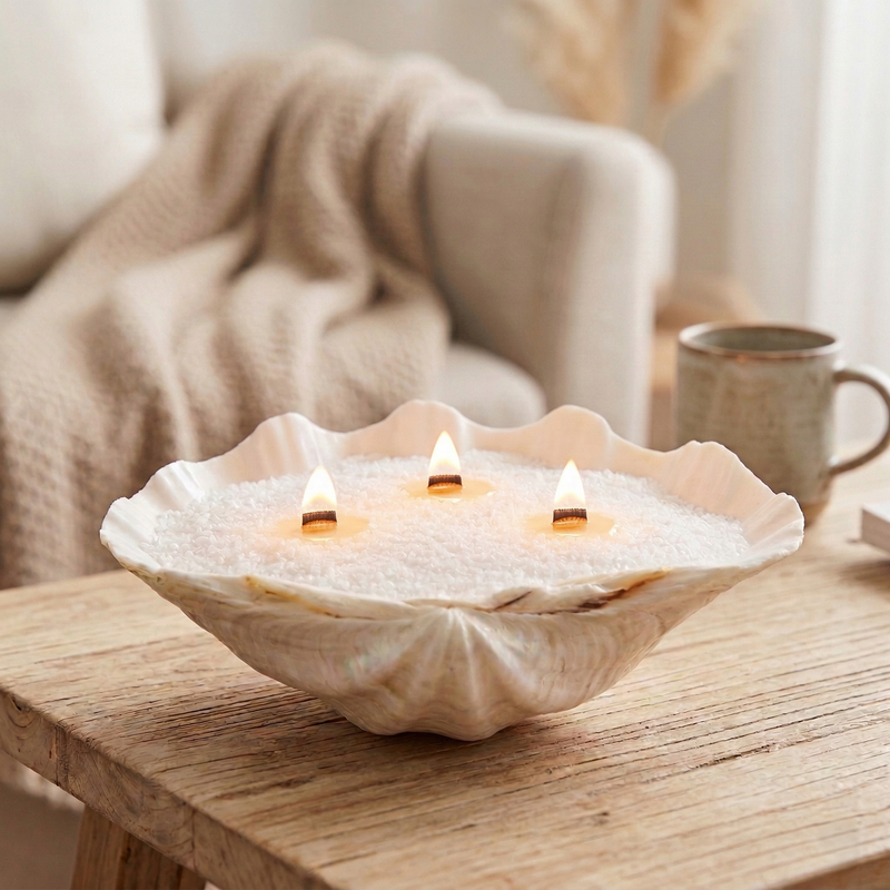 A large clam shell repurposed into a sustainable multi-wick centerpiece using White Cove refillable candle sand pearled wax. Three premium wooden wicks burning in white, paraffin-free wax granules on a rustic wooden table, embodying a coastal minimal lifestyle