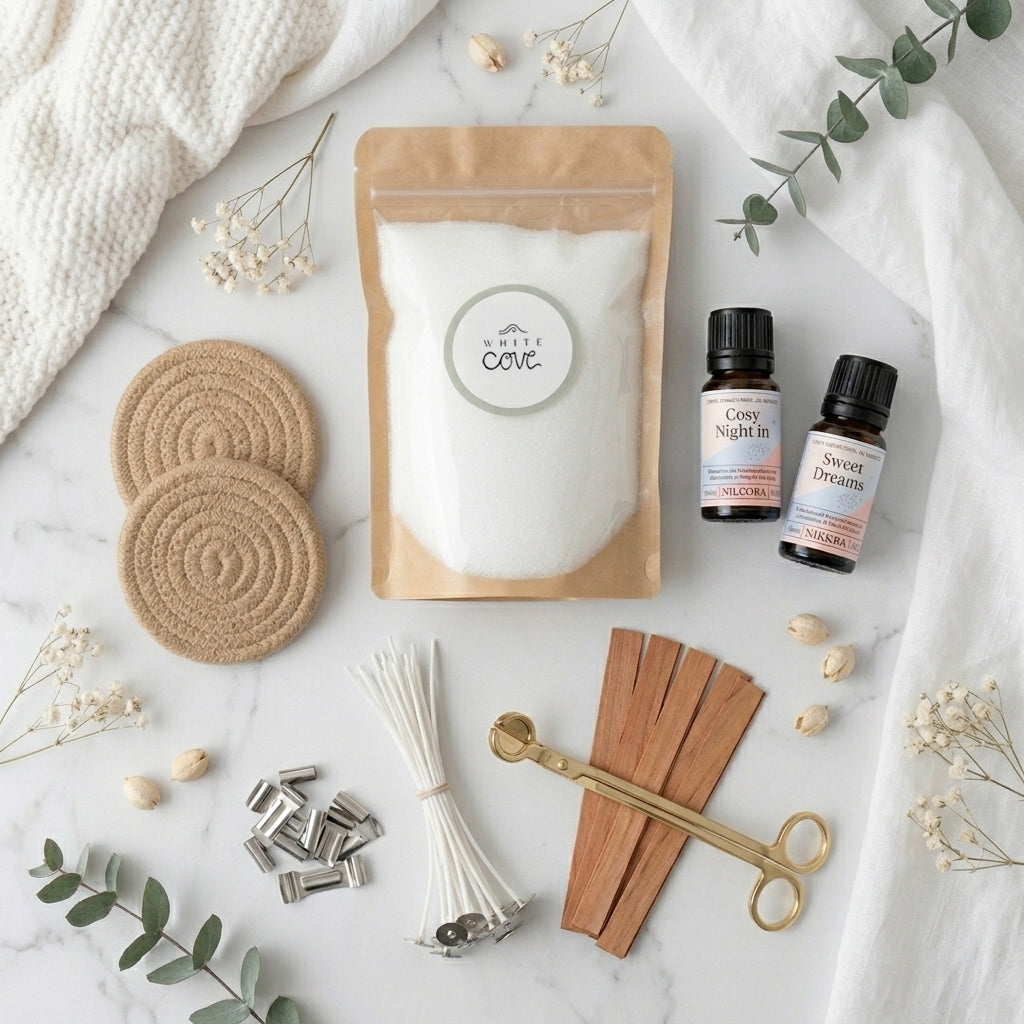 The complete Cosy Night In sustainable candle kit by White Cove UK. This relaxing home fragrance bundle features refillable plant-based candle sand, luxury gold accessories, and sleep-focused essential oils, beautifully arranged with eucalyptus and a cozy white blanket