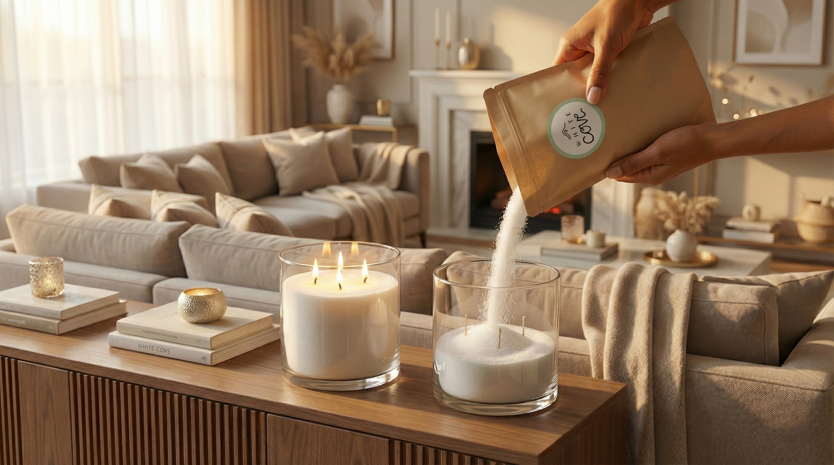 A flat lay of White Cove UK refillable candle sand. A person's hand with a 'Small-Batch' stamp holds a kraft pouch of vegetable-based wax. Next to it are cotton wicks and woven heat-resistant coasters on a rustic table with dried florals. Visually representing the Dorset-packed DIY candle sand pearled wax starter kit