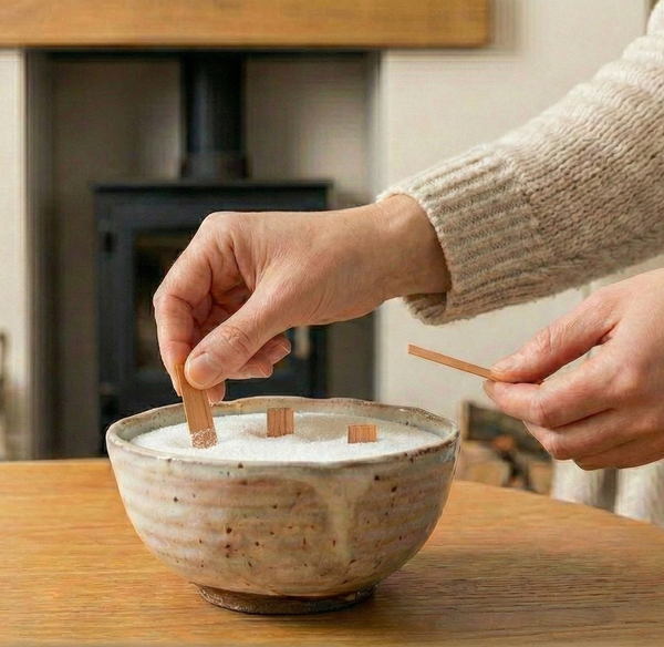 A close-up of a person's hand inserting a premium wooden wick into a ceramic bowl filled with white, vegetable-oil based candle sand pearled wax from White Cove UK. Set against a cozy, minimal living room background with a fireplace