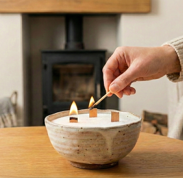 A hand lighting three wooden wicks in a ceramic bowl filled with White Cove UK's white candle sand pearled wax. This sustainable ritual shows how to use vegetable-based wax grains for a clean-burning, refillable candle