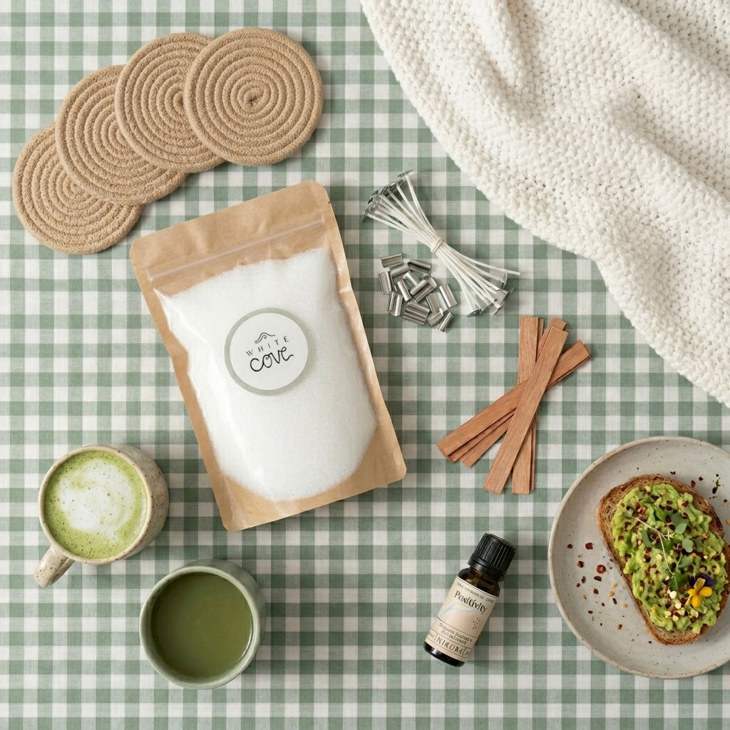 Creating a mindful morning routine with a sustainable candle making kit by White Cove UK. Featuring plant-based wax sand, dual wick options, natural woven coasters, and an uplifting Positivity fragrance oil, displayed with a healthy breakfast aesthetic