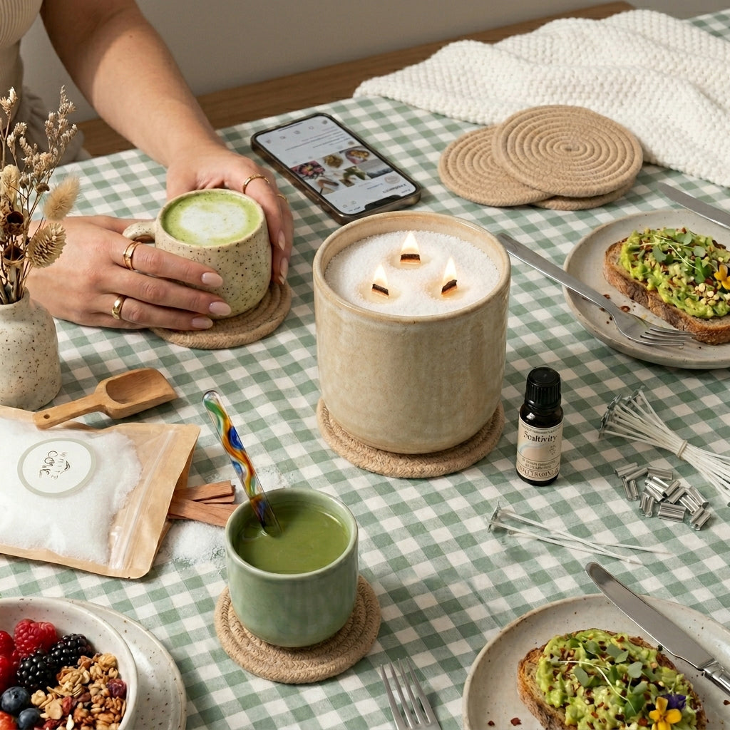 A mindful morning routine featuring a lit multi-wick candle made with White Cove UK plant-based candle sand. This lifestyle shot demonstrates the refillable candle ecosystem in use alongside a healthy breakfast, woven heat-guard coasters, and candle making accessories