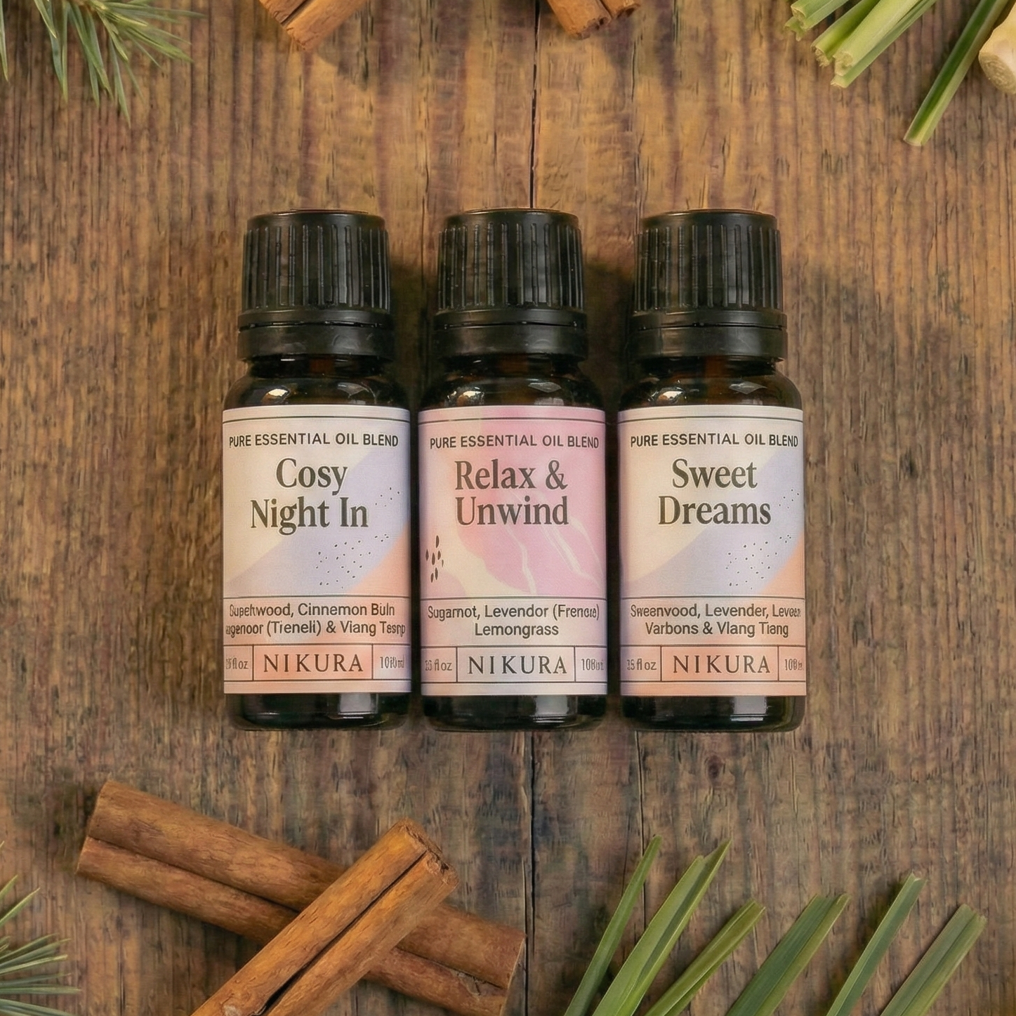 Evening aromatherapy collection for White Cove UK refillable candles. This bundle includes three Nikura essential oil blends designed for relaxation and sleep, styled with natural winter botanicals to showcase the sustainable candle-making ritual