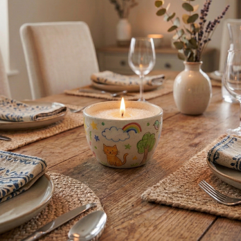 A beautifully set wooden dining table featuring a lit White Cove refillable candle centerpiece in a hand-painted ceramic bowl. The paraffin-free vegetable-wax sand burns gently alongside woven jute placemats and coastal-inspired decor