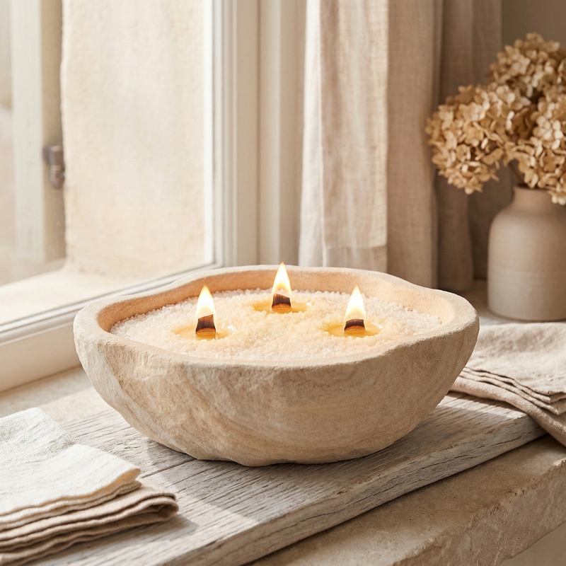 A natural stone bowl filled with White Cove UK refillable candle sand pearled wax. Three wooden wicks are lit in the paraffin-free, vegetable-oil-based wax to create a luxury coastal centerpiece on a rustic windowsill