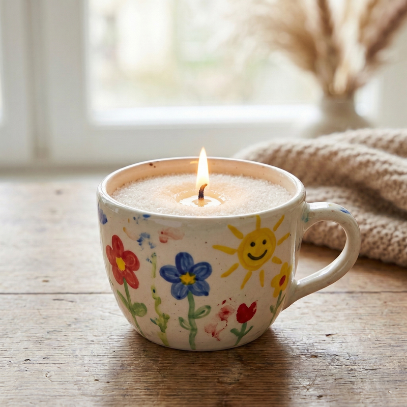 A lit candle created with White Cove refillable candle sand inside a child's hand-painted ceramic mug. This upcycled sentimental gift features a cotton wick burning in pure white wax granules on a rustic wooden table