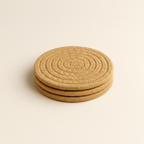 Minimalist, coastal-style woven rope coasters. A set of three heat-resistant mats on a plain, light background for safe candle styling by White Cove UK